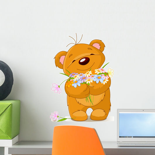 Teddy bear giving a bouquet Wall Decal