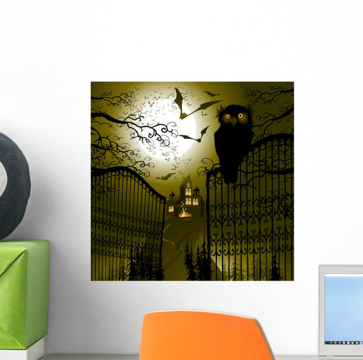 Landscape with gate and owl. Wall Mural