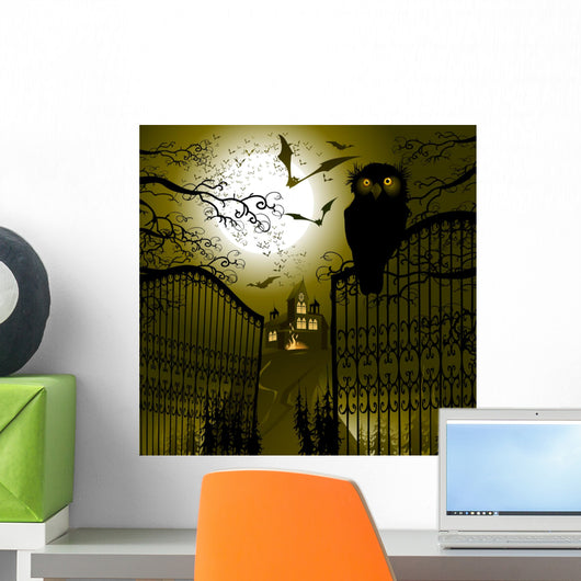 Landscape with gate and owl. Wall Mural