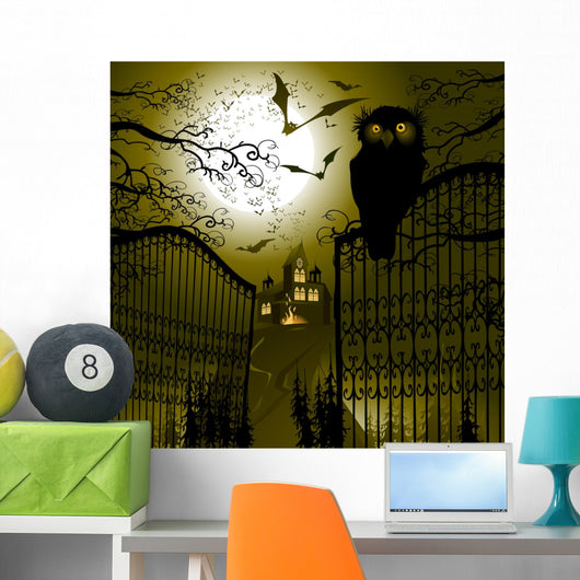 Landscape with gate and owl. Wall Mural