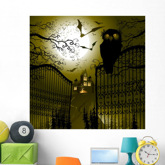 Landscape with gate and owl. Wall Mural
