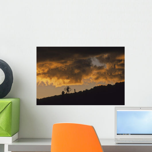 Mountain Biker Carries Bike Up Rocky Slope Wall Mural