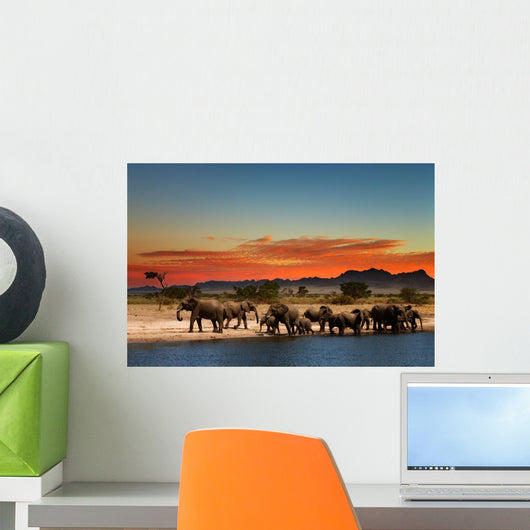 Herd of Elephants in African Savanna Wall Mural