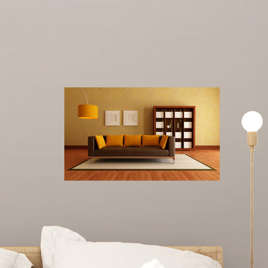 Modern Couch and Wood Bookcase in a Living Room Wall Mural
