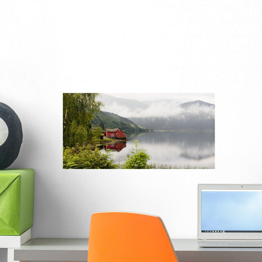 A Red House Along Granvinsvatnet With Low Lying Cloud Wall Mural