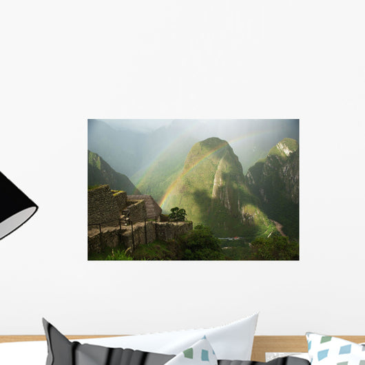 Mountain And Train Below Along Urubamba River, Machu Picchu, Peru Wall Mural