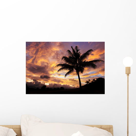 Fiji, Viti Levu Island, Sunrise and coconut palm tree Wall Mural