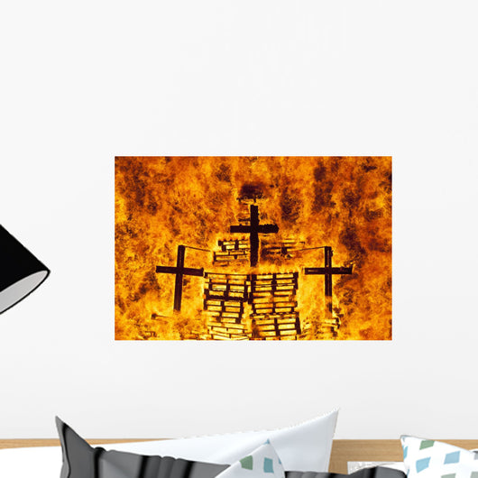 Detail Of Crosses On Large Bonfire On Beach Wall Mural