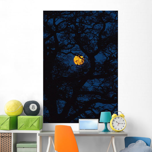Moon Rising Behind Old Oak Tree, Petersfield, Hampshire, Uk Wall Mural