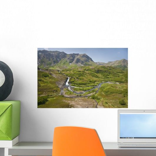 Aerial View Of Waterfall And River In Kenai Mountains Wall Mural