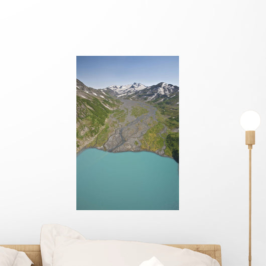 Aerial Of Glacial Moraine Feeding Into Lake Wall Mural