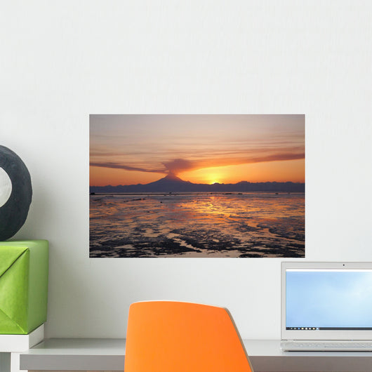 Ash Cloud Rises From Mt Redoubt At Sunset During Low Tide Wall Mural