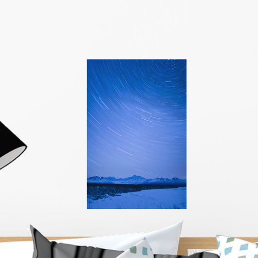 Night Time View Of Star Trails Over Mt Mckinley With Northern Lights Wall Mural
