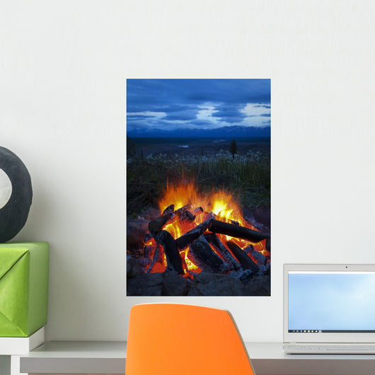 Close-Up View Of A Camp Fire With A View Of The Chugach Mountain Wall Mural