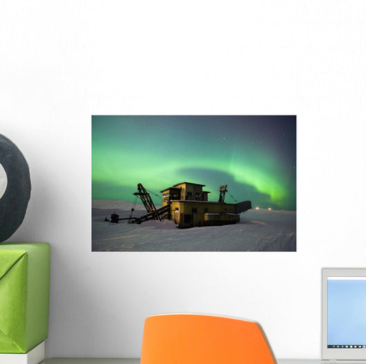 Green Northern Lights Dance Over A Historical Gold Dredge Near Nome Wall Mural