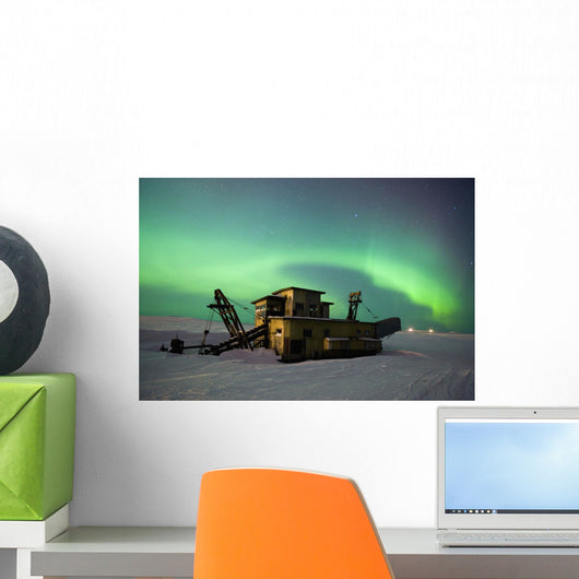 Green Northern Lights Dance Over A Historical Gold Dredge Near Nome Wall Mural