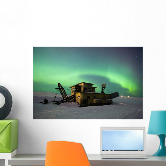 Green Northern Lights Dance Over A Historical Gold Dredge Near Nome Wall Mural