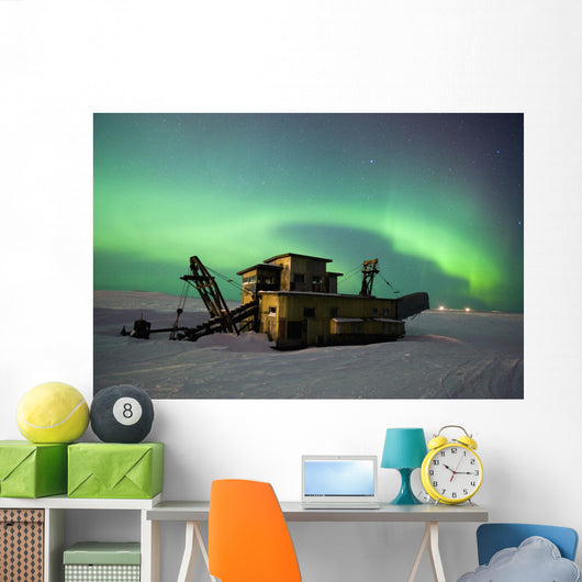 Green Northern Lights Dance Over A Historical Gold Dredge Near Nome Wall Mural