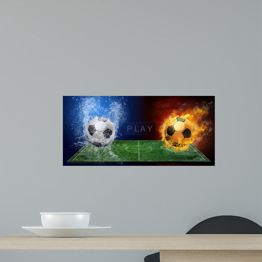 Water drops and fire flames around soccer ball on the background Wall Mural