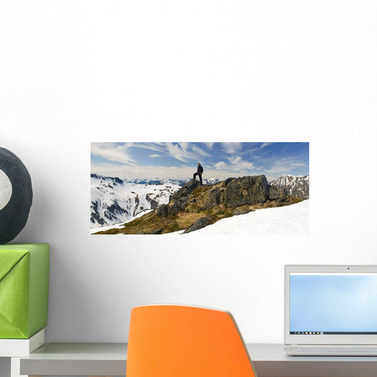 A Snowboarder Takes A Moment To Enjoy The View While Heliskiing Wall Mural