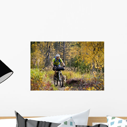 Man Mountain Biking With Dog Running Beside Him Wall Mural
