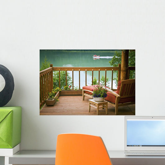 View Of The Deck And Chair With Floatplane Landing On Big River Lake Wall Mural