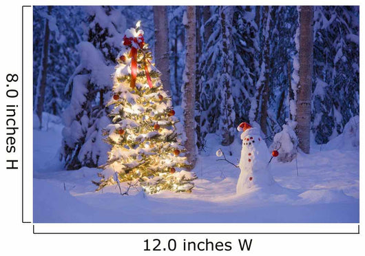 Snowman With Santa Hat Hanging Ornaments On A Christmas Tree Wall Mural