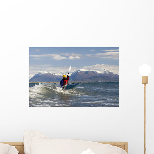 Man Kayak Surfing Waves On Katchemak Bay Wall Mural