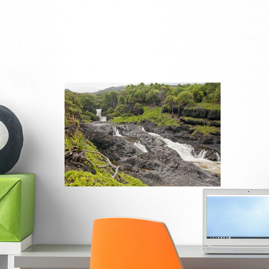 Hawaii, Maui, Hana, Seven Sacred Pools, a large stream and waterfalls Wall Mural