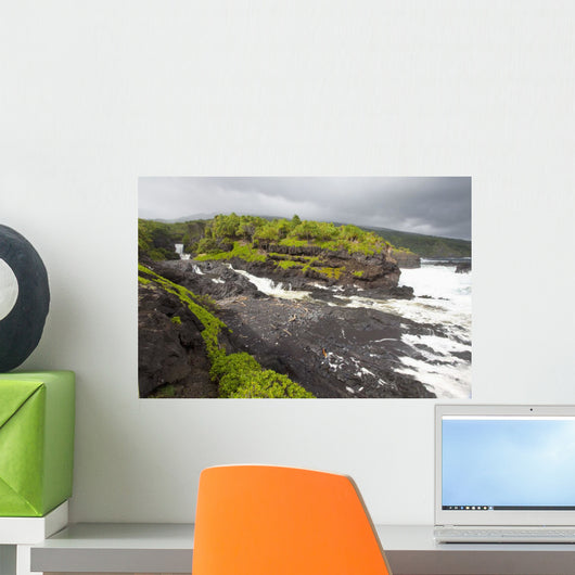 Hawaii, Maui, Hana, Seven Sacred Pools, a large stream and waterfalls Wall Mural