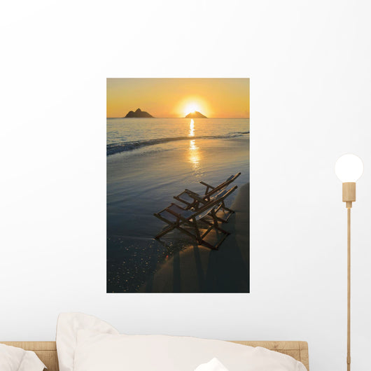 Hawaii, Lanikai, Pair of empty beach chairs at sunset Wall Mural