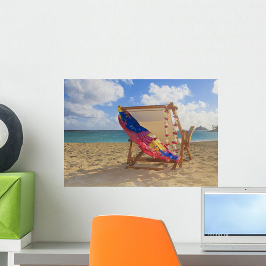 A lounge chair on the white sandy beach of Lanikai Wall Mural