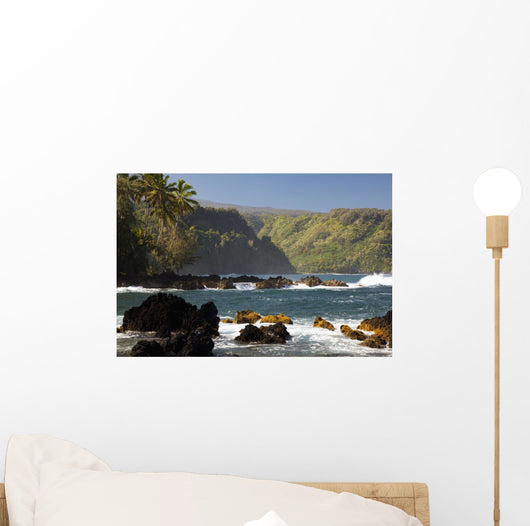 Hawaii, Maui, Keanae Peninsula, Ocean and palm trees Wall Mural