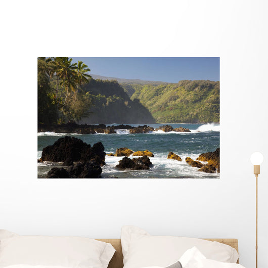 Hawaii, Maui, Keanae Peninsula, Ocean and palm trees Wall Mural