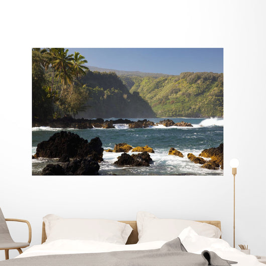 Hawaii, Maui, Keanae Peninsula, Ocean and palm trees Wall Mural