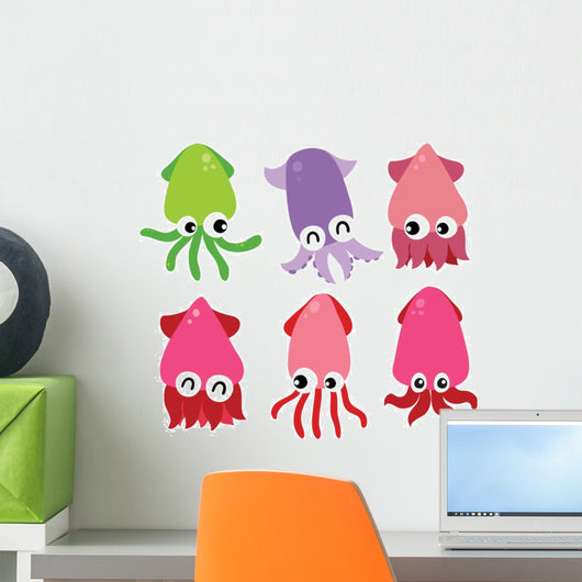 Six Colorful Tropical Squid Wall Decal Sticker Set
