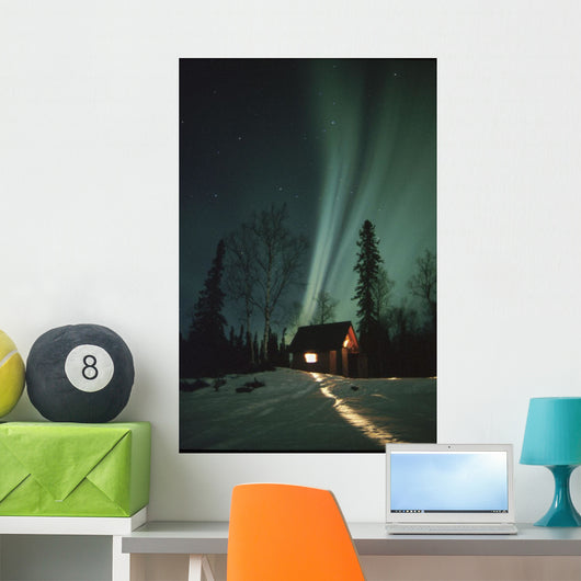 Northern Lights Over Cabin Scotty Lk Petersville Rd Ak Winter Snow Wall Mural
