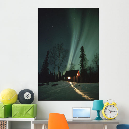 Northern Lights Over Cabin Scotty Lk Petersville Rd Ak Winter Snow Wall Mural
