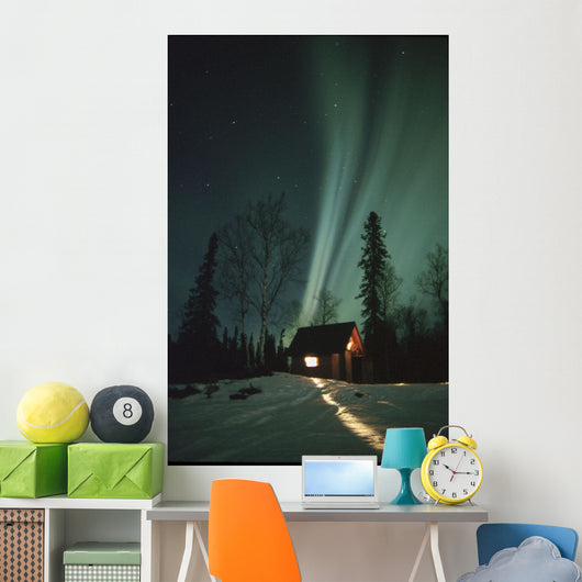 Northern Lights Over Cabin Scotty Lk Petersville Rd Ak Winter Snow Wall Mural