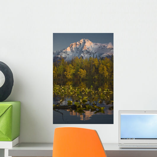 Scenic View Of Pioneer Peak Reflecting In Echo Lake At Sunset Wall Mural