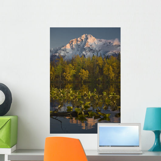 Scenic View Of Pioneer Peak Reflecting In Echo Lake At Sunset Wall Mural
