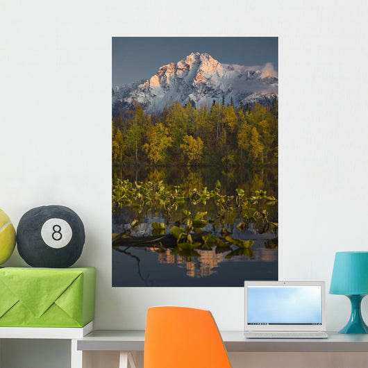 Scenic View Of Pioneer Peak Reflecting In Echo Lake At Sunset Wall Mural