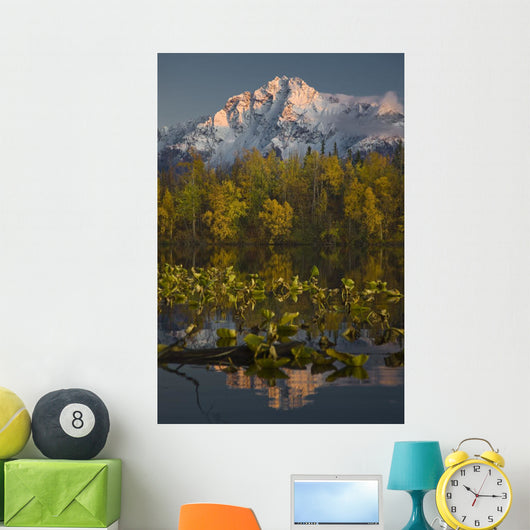 Scenic View Of Pioneer Peak Reflecting In Echo Lake At Sunset Wall Mural
