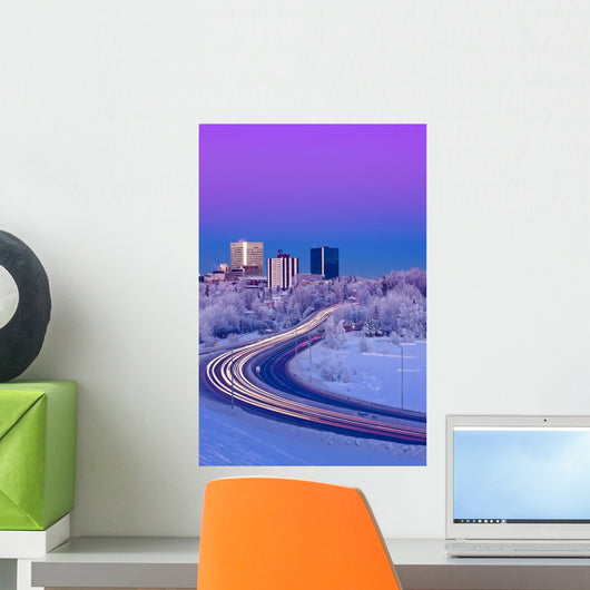 Alpenglow Over The Anchorage Skyline With The Lights From Traffic Wall Mural