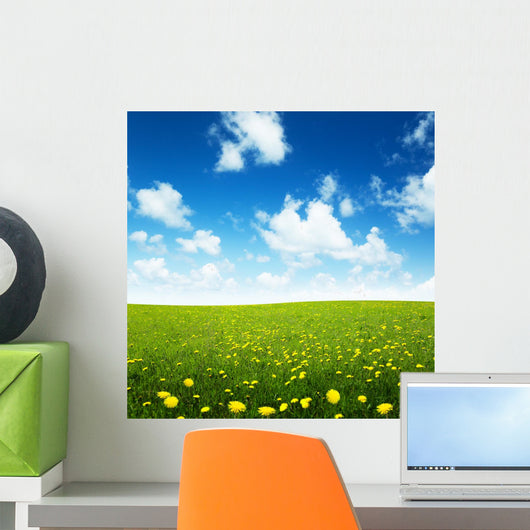 field of spring flowers and perfect sky Wall Mural