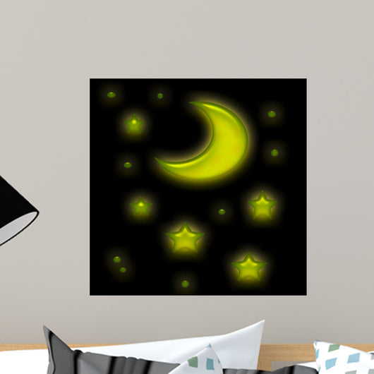 Moon Shine and Stars on Black Wall Mural
