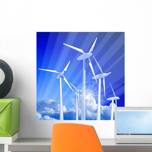 blue sky, windmill generators and rays of light Wall Mural