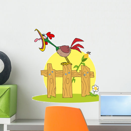 Loud Rooster On A Wood Fence By A Corn Stalk Wall Decal