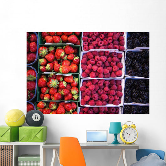 Berries in boxes at a food market;Sault vaucluse provence france Wall Mural