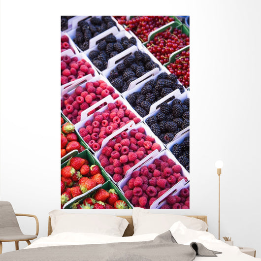 Berries in boxes at a food market;Sault vaucluse provence france Wall Mural